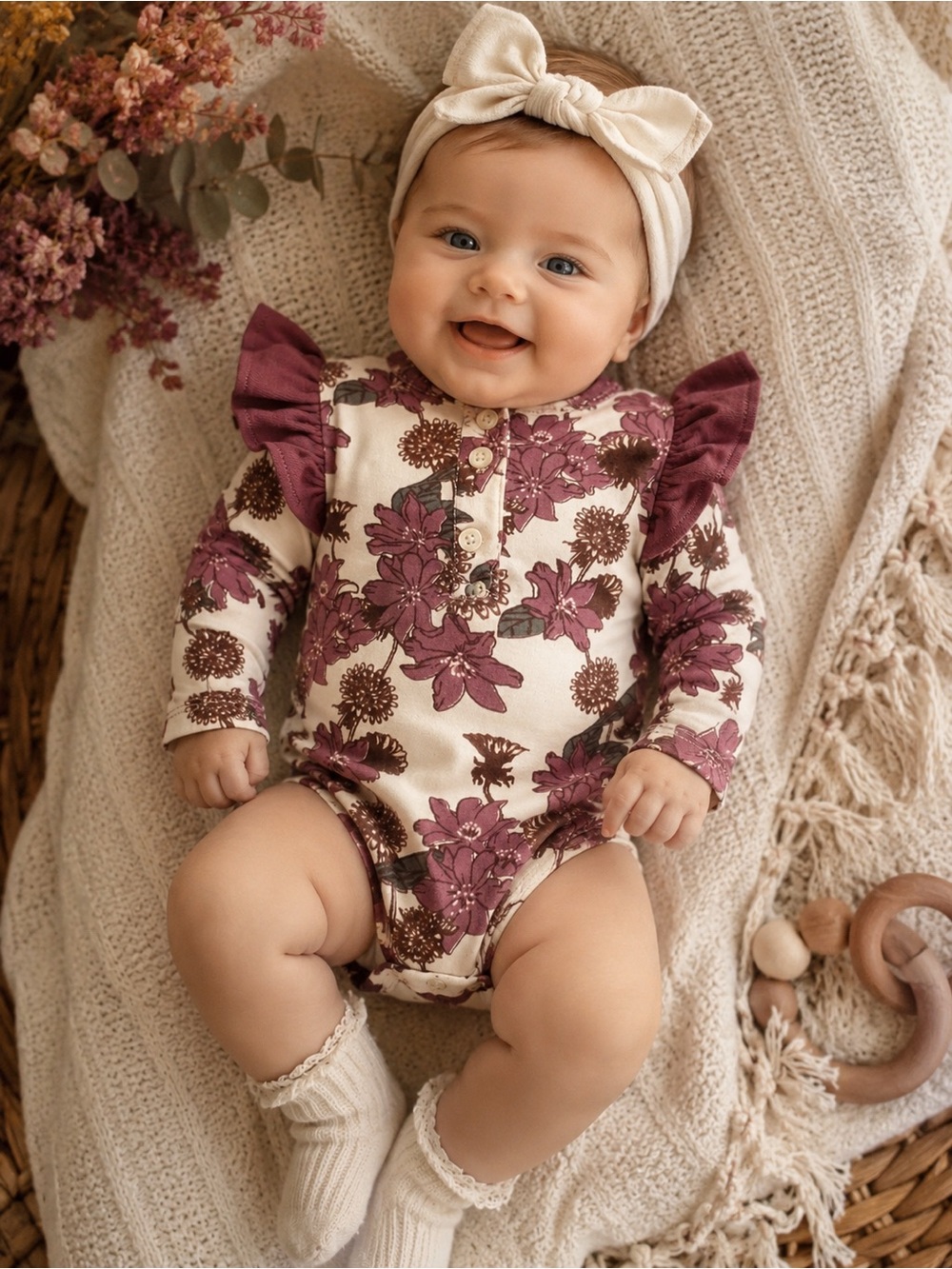 Kate Quinn Organic Cotton Floral Ruffle Henley Bodysuit 0-3M boho